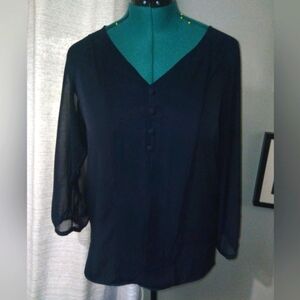 Ellen Tracy Navy Blue Pleated Detail Contrast Blouse Sz M